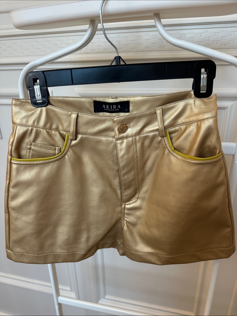 AKIRA Metallic Gold Faux Leather Shorts with Piping